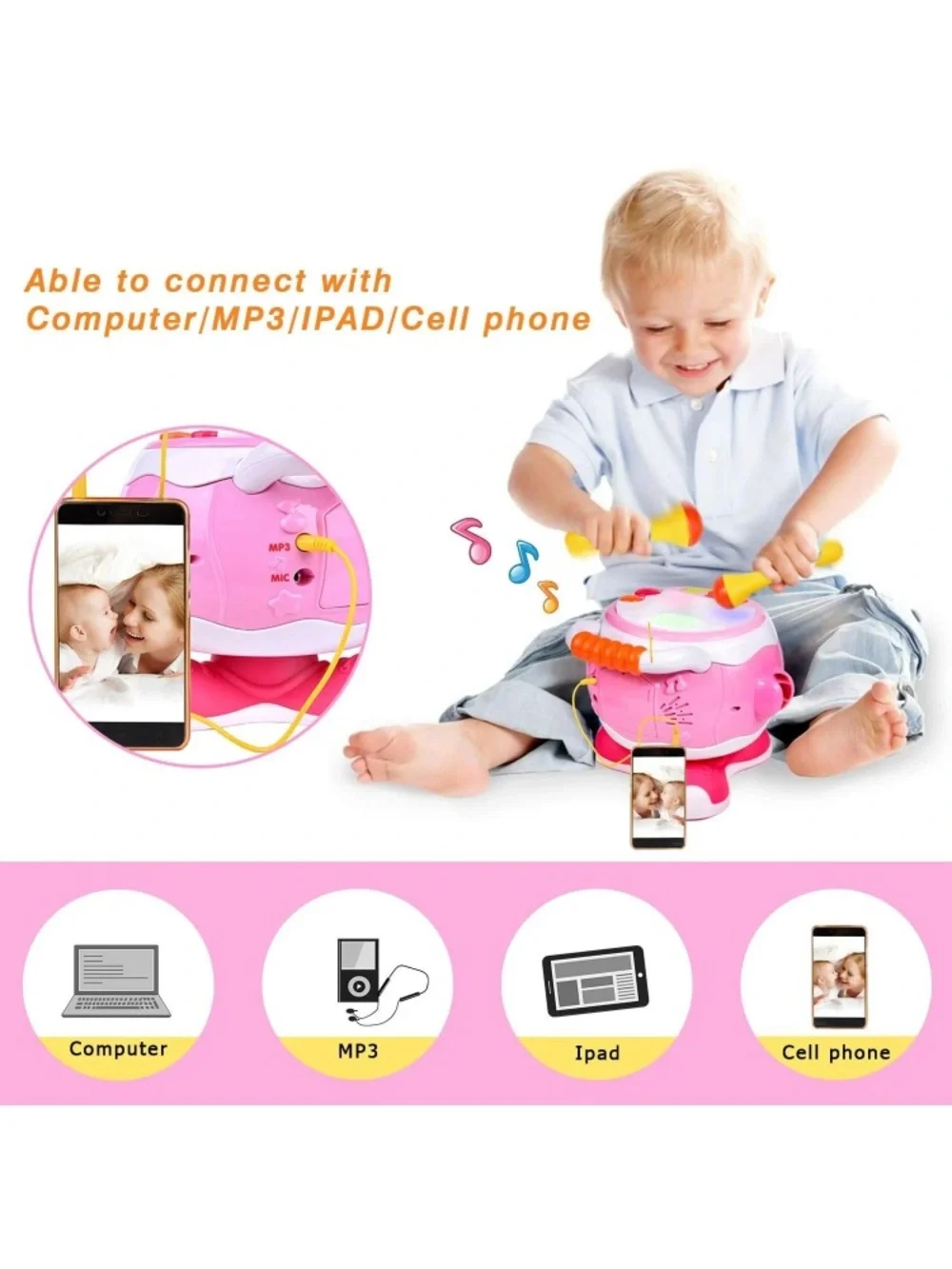 Pink Bear Musical Drum Toy with Microphone - Interactive Pink Rhythm Set